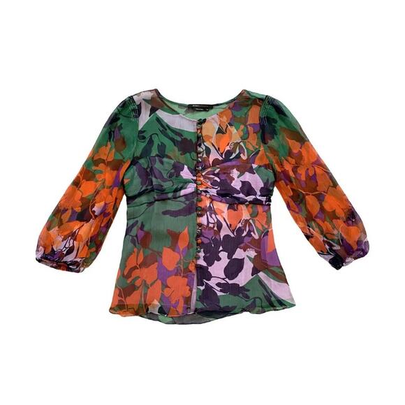 BCBGmaxazria Floral Print SILK Peasant Blouse Women’s Size L Large Chiffon - Picture 11 of 11